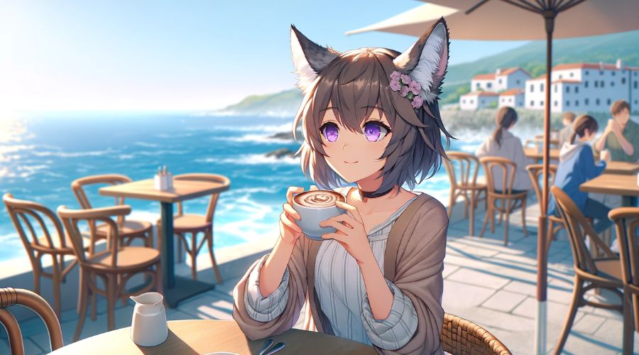 海沿いのカフェでコーヒーを飲む女性