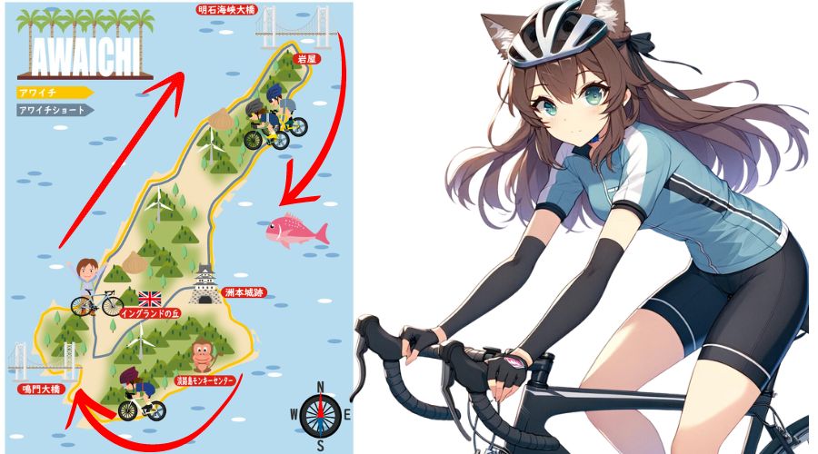 淡路島の地図とロードバイクに乗った女性