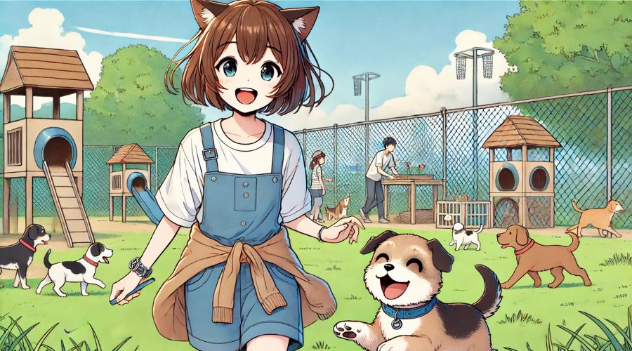 ドッグランで犬と遊んでいる女性