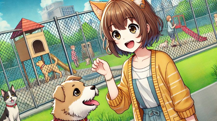 ドッグランで犬と遊んでいる女性